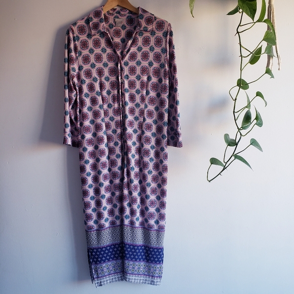 Chico's Medallion Midi Button Down  Shirt Dress Printed 1 Stretch Medium - Picture 2 of 13